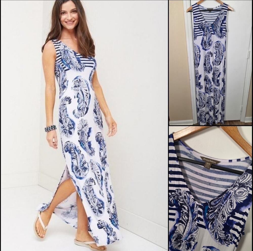 Tommy Bahama Tambour Pyrmont Paisley Maxi Dress V- Neck Viscose Sz M Resort Vaca